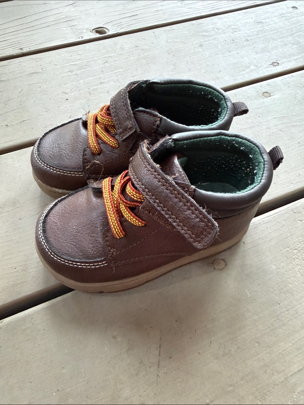 Carter’s Kids Size 6 Brown Leather-Look Velcro Shoes with Orange Accent Laces
